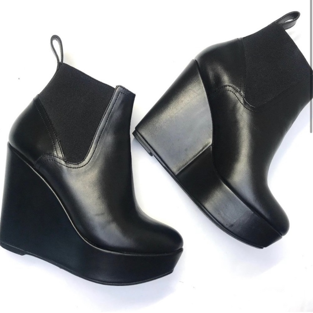 Authentic Robert Clergerie leather and elastic wedge booties